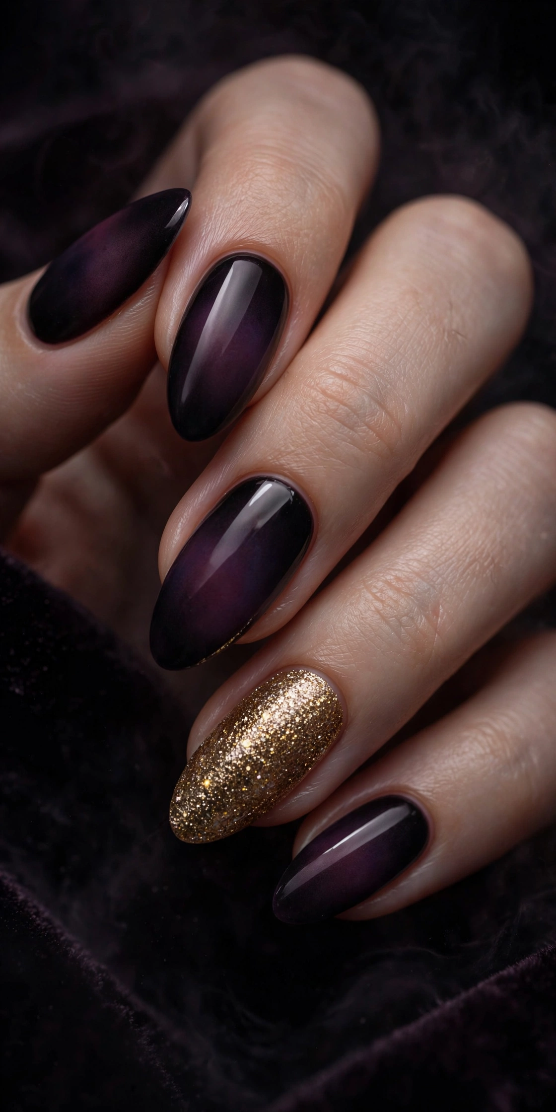 Long coffin nails with black aura nail art, dark smoky centers fading into sheer nude edges