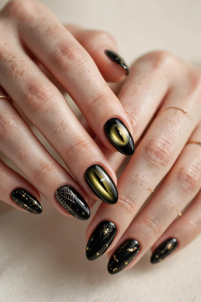 Black Halloween nails with golden cat eyes