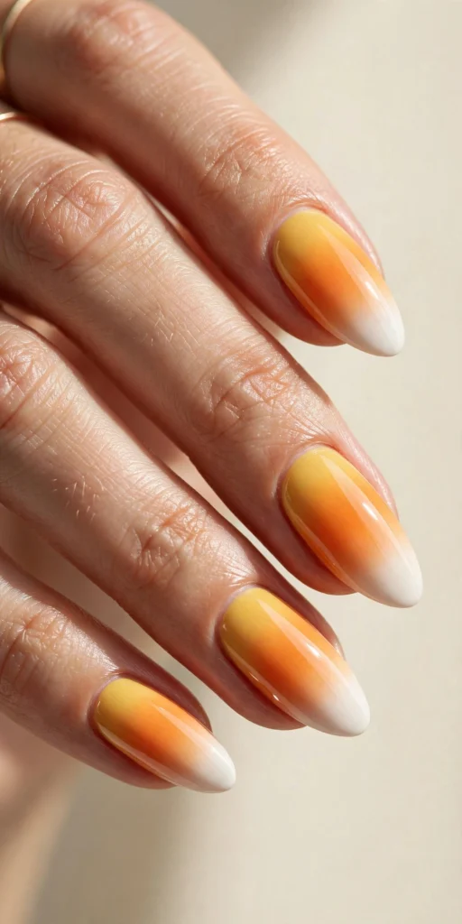 Candy corn ombré Halloween nail art on almond nails