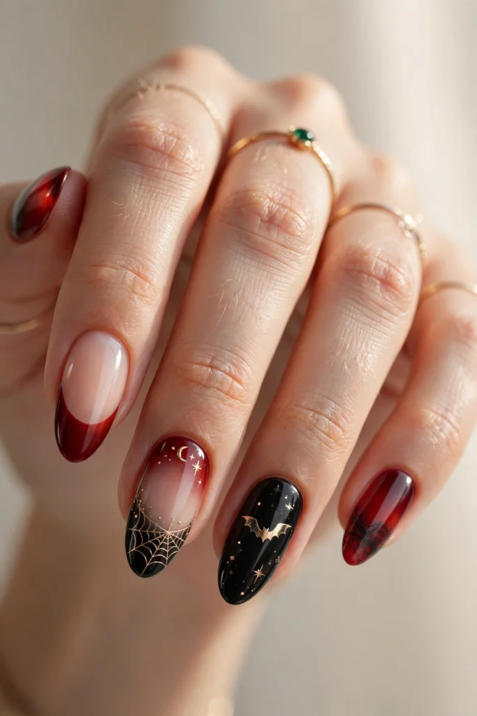 Dark red glossy gradient tip Halloween nails
