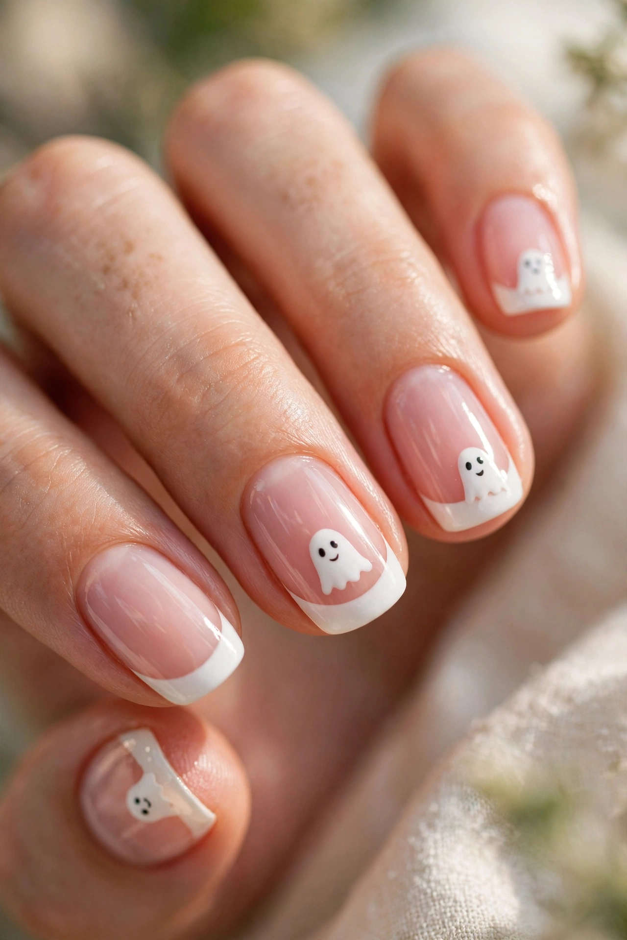 Short square nails with white French tips painted as cute little ghosts with tiny faces