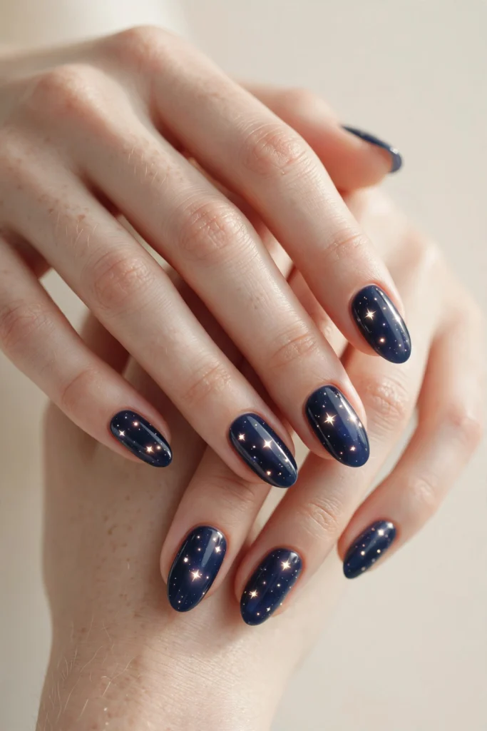 Glowing star decals Halloween nail art on navy nails