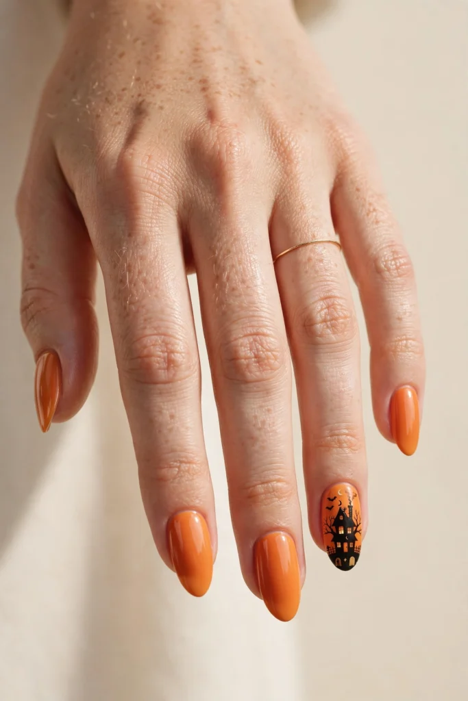 Haunted house silhouette Halloween nail art