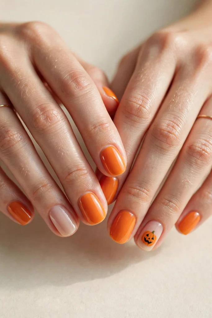 Cute jack-o'-lantern face accent Halloween nails
