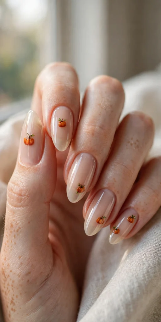Close-up of almond nails with nude base and tiny hand-painted orange pumpkin French tips