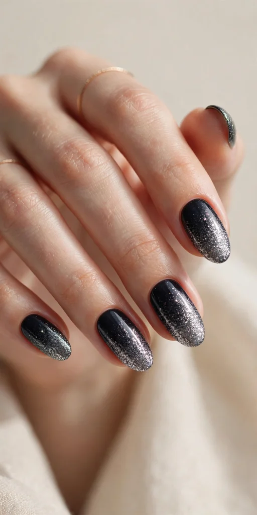 Midnight black to silver glitter fade Halloween nails
