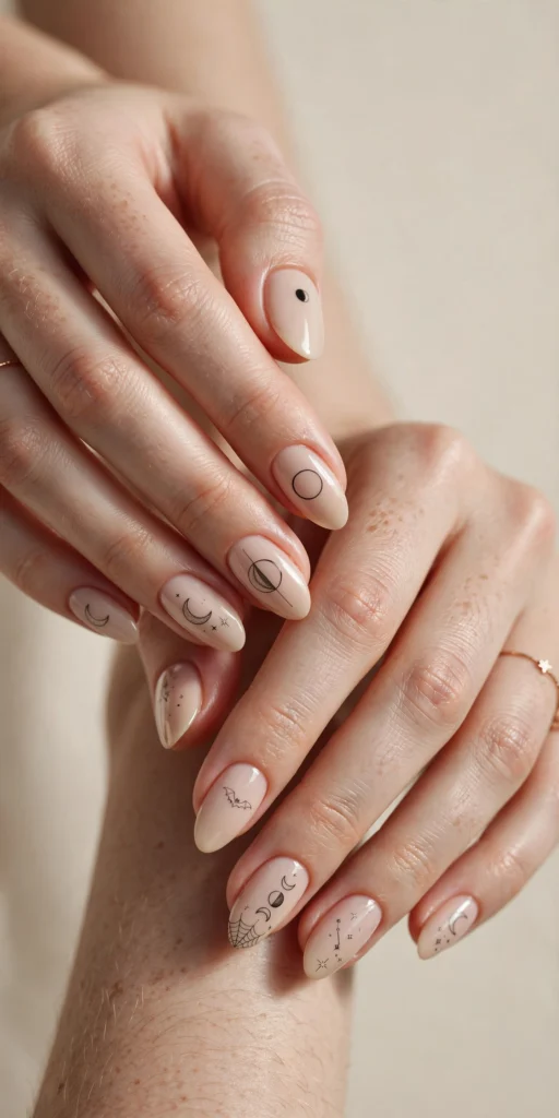 Minimalist moon phase line art Halloween nails