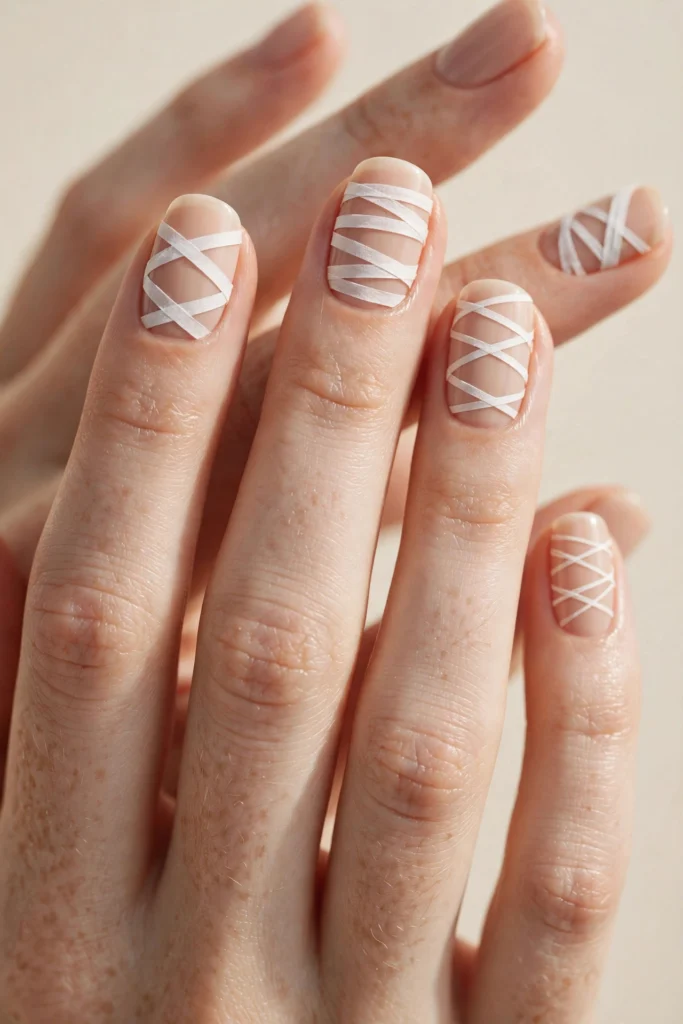 Minimalist mummy wrap striped Halloween nail art