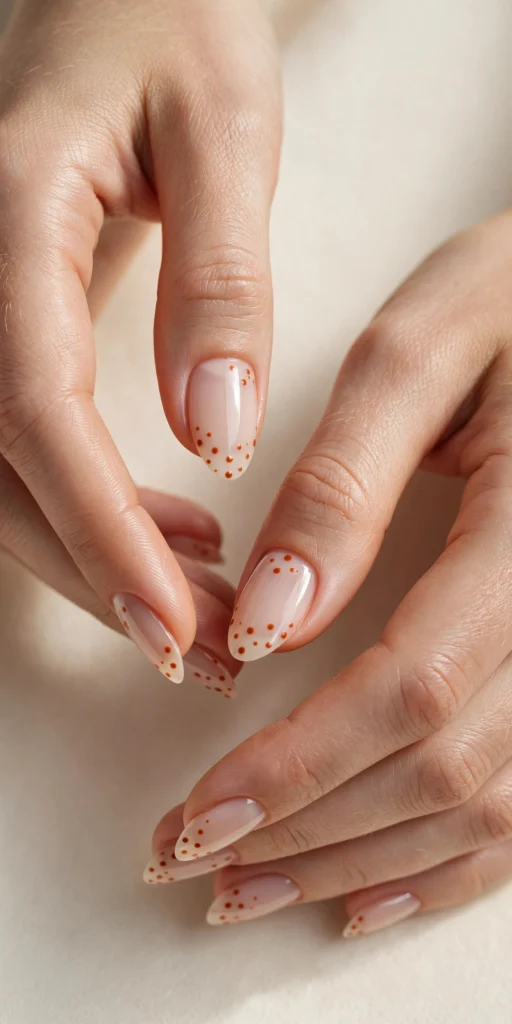 Sheer nude Halloween nails with burnt-orange dots