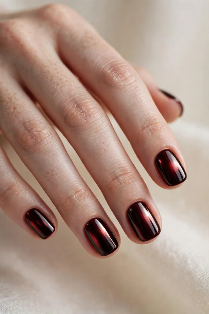 Dark oxblood red chrome Halloween manicure