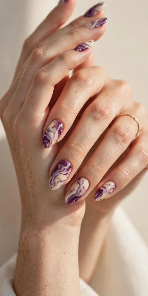 Plum and cream marble Halloween nail art