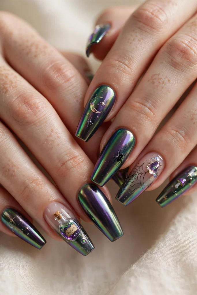 Iridescent potion bottle chrome Halloween nails