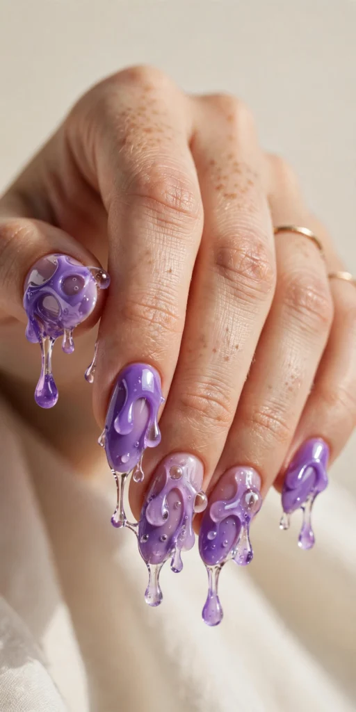 Glossy purple slime drip Halloween nail art