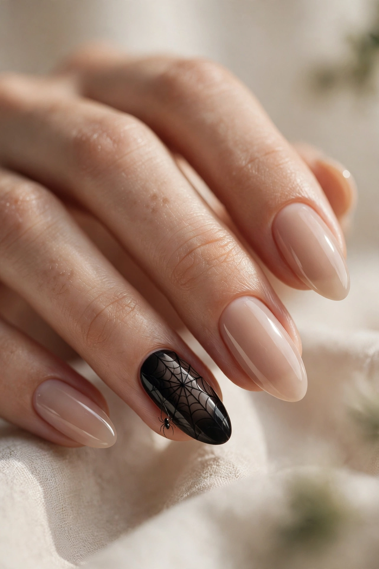 Nude manicure with one black spiderweb accent nail and a tiny spider detail