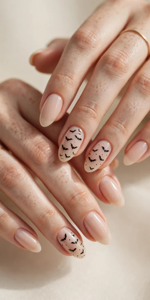 Tiny black bat silhouette Halloween nail art